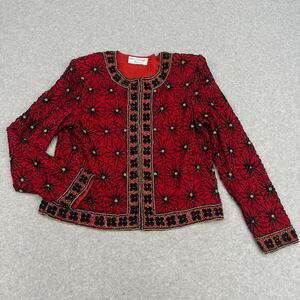Papell Boutique Evening Jacket WMNS 8P Red Silk Floral Sequin Trophy Brocade Vtg